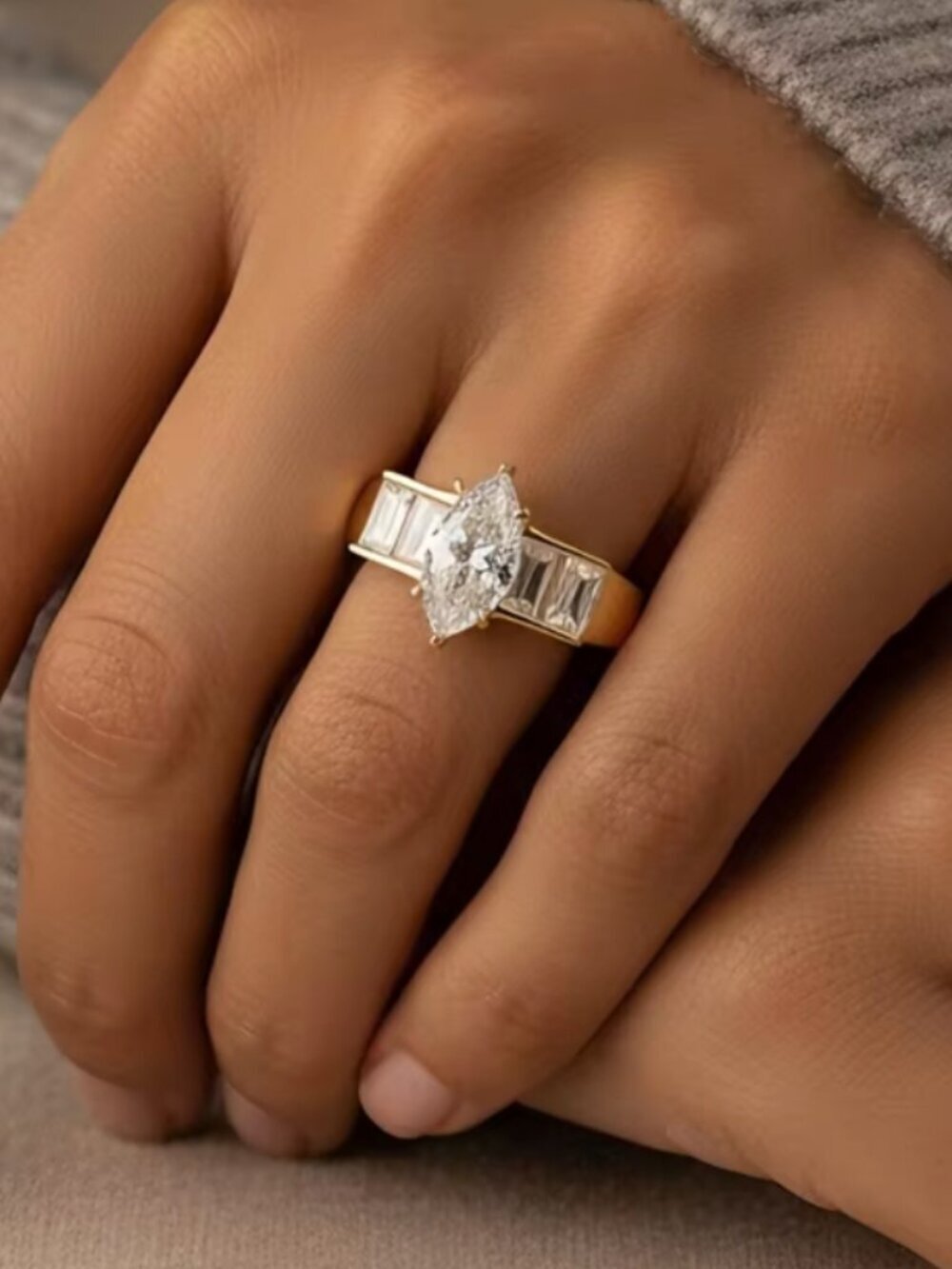 NEW 14k Yellow Gold Diamond Ring Marquise Baguette Cut Sterling Silver Ring